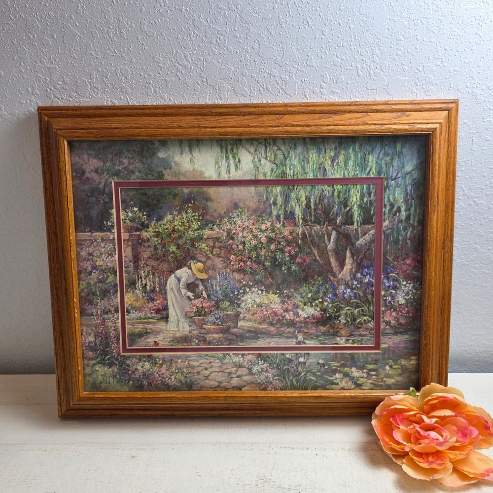 Barbara‎ Mock "Her Garden" Signed Garden Art Print Framed Oak Wood Flowers